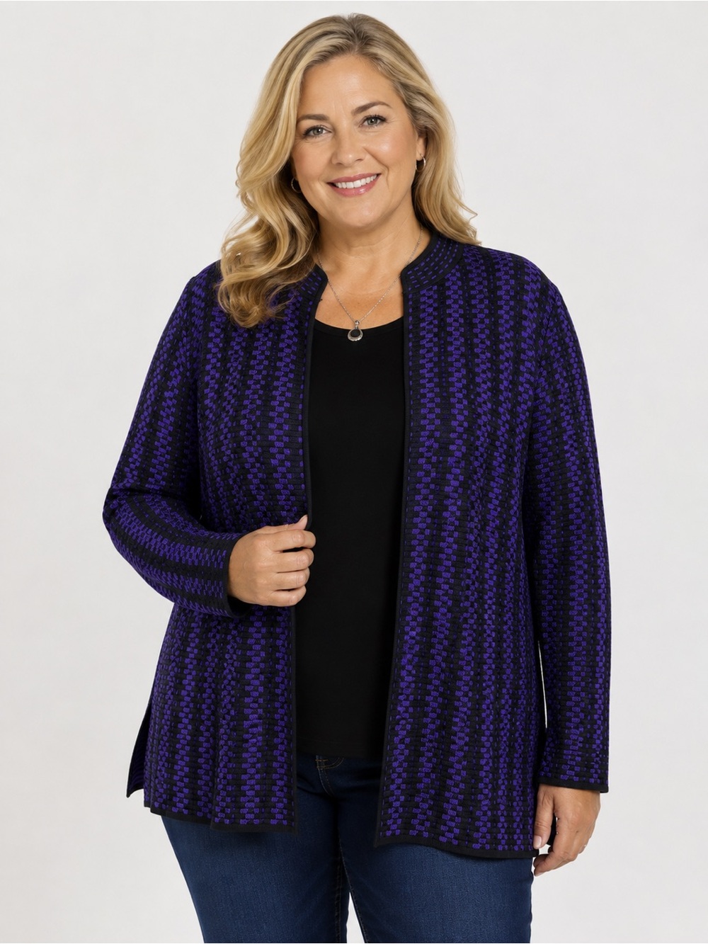 Ming Wang Knit Sweater Cardigan Jacket Size 1X Purple Black Open Front *Flaw*